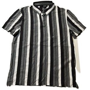EXPRESS men’s Polo Shirt Sz L Short Sleeve Striped Black White Gray 100% Cotton
